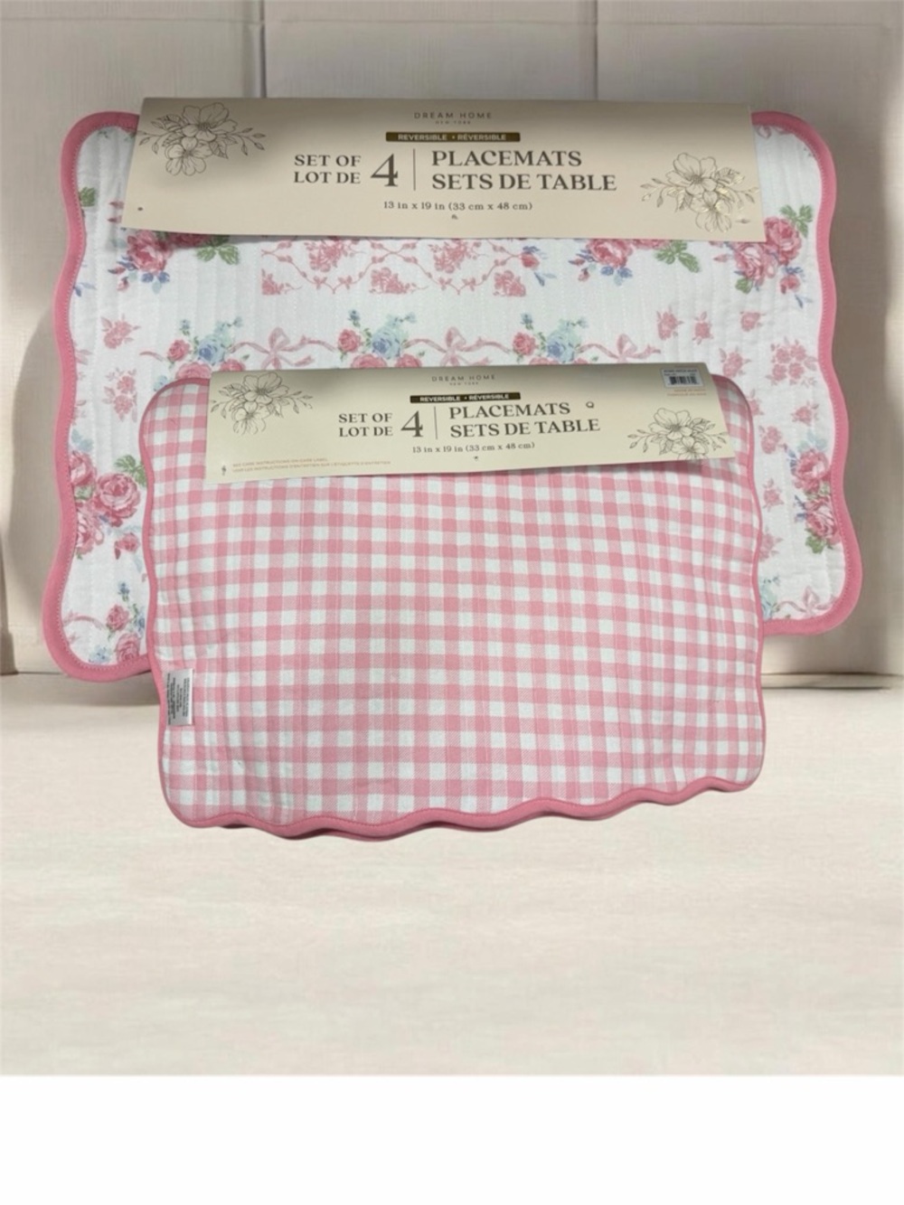 Shabby Chic /Cottage Core  Pink Gingham Floral Reversible Place Mats (Set of 4)